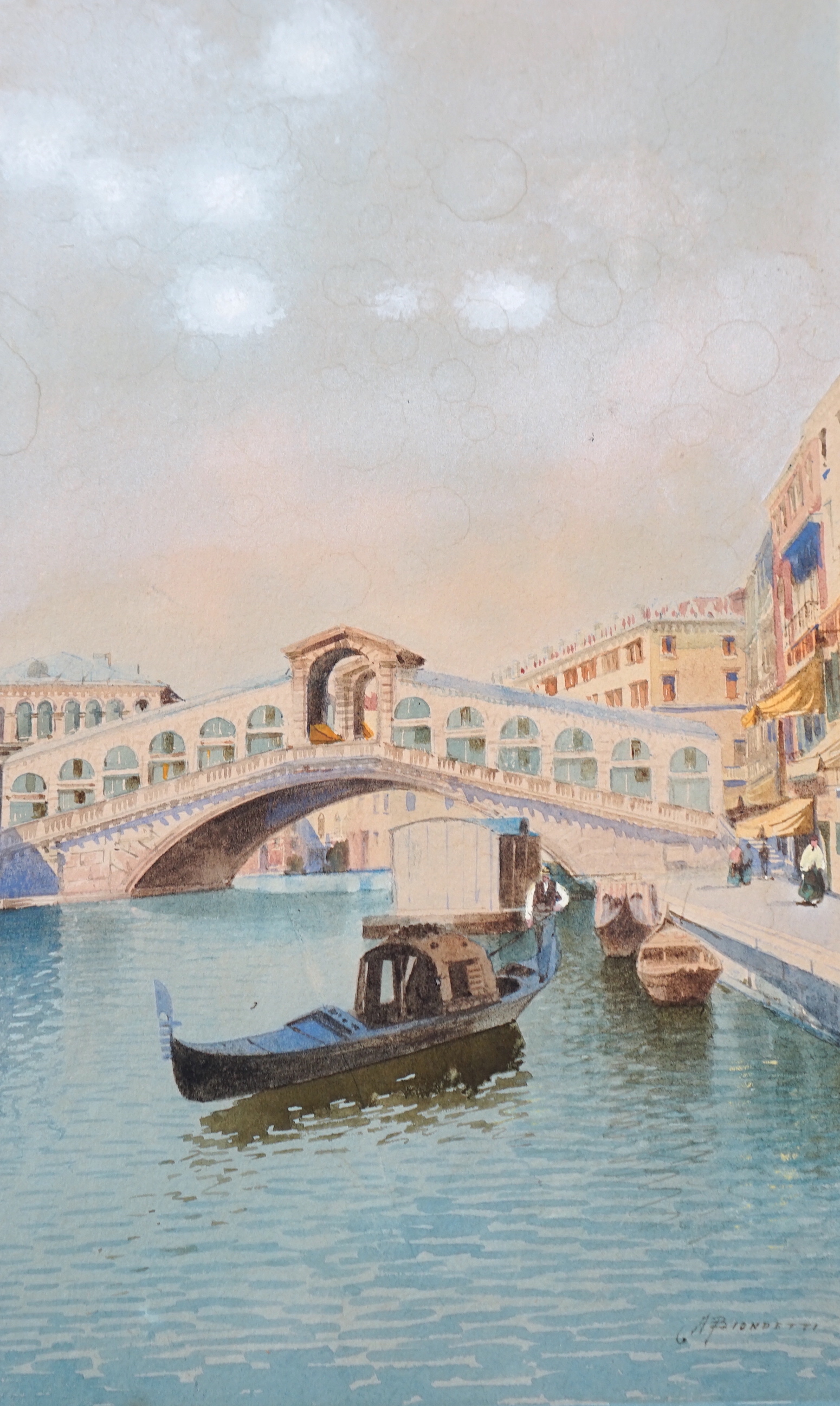 Five 19th century and later watercolours on card including Venetian canal with gondolas, signed A Brondetti, landscapes and a full length study of a lady wearing traditional dress, largest 32 x 26cm, unframed